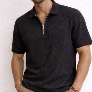 French Connection Textured Zip Polo Black BNWT Size L | Euro Minimal Luxe